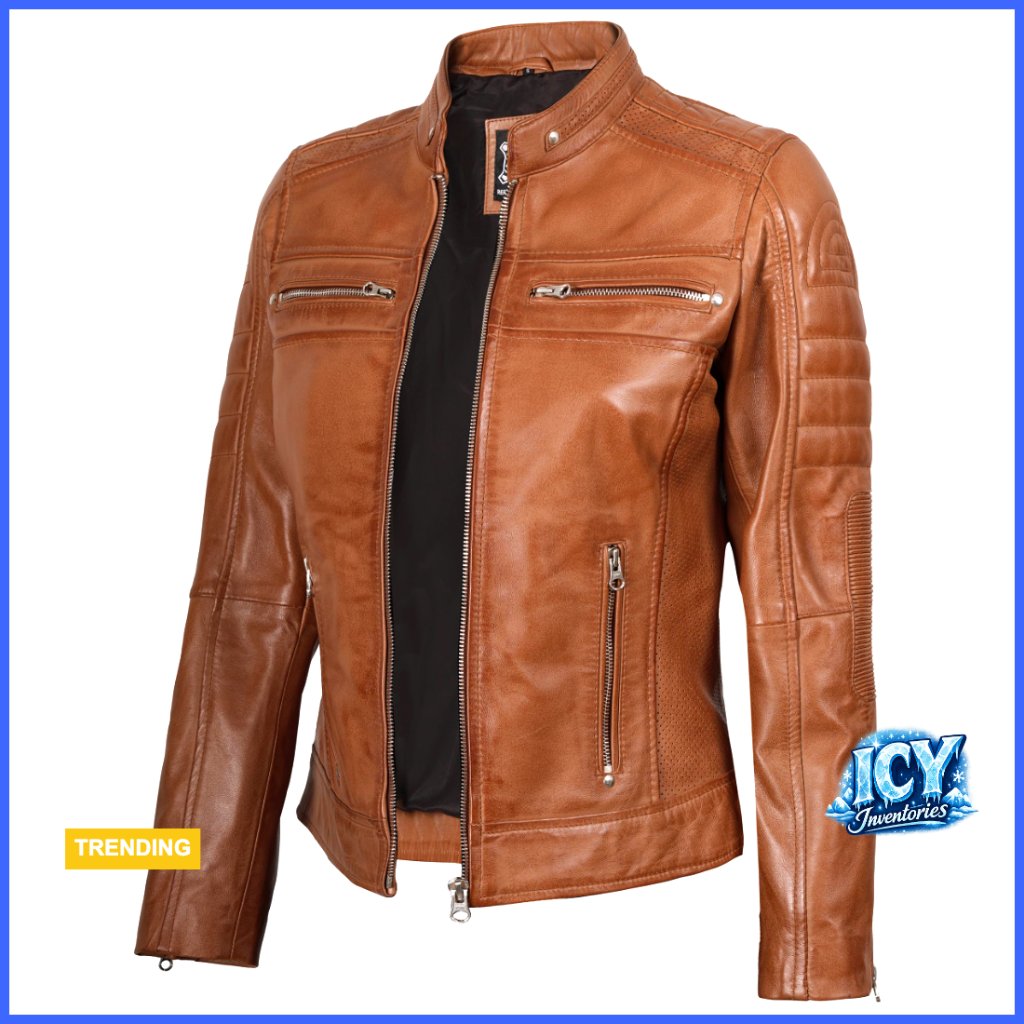 Lambskin Leather Jacket Women Cafe Racer Stand Collar Slim Fit